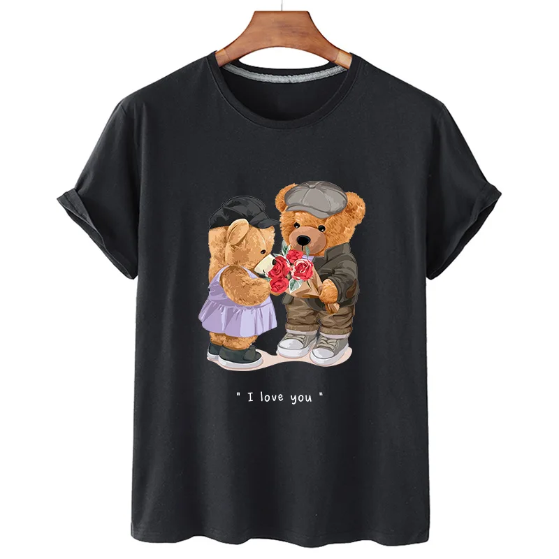 

100% Cotton Summer Romantic Couple Bear Print Shirt Short Sleeve O Neck Loose T Shirt Women Plus Size T Shirt Men And Women 4XL