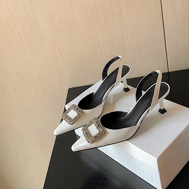 

Slingback Women Pumps Leather Party High Heel Sandals Spring Summer Shoes Crystals Pointed Toe