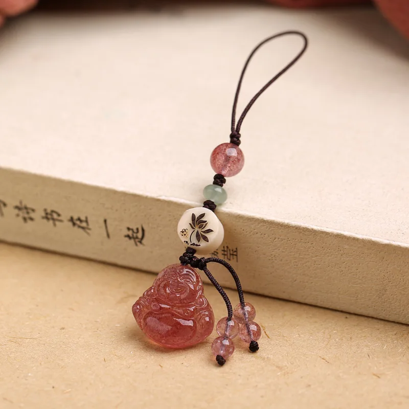 

Strawberry crystal mobile phone chain pendant Maitreya Buddha statue key chain men and women's pendant