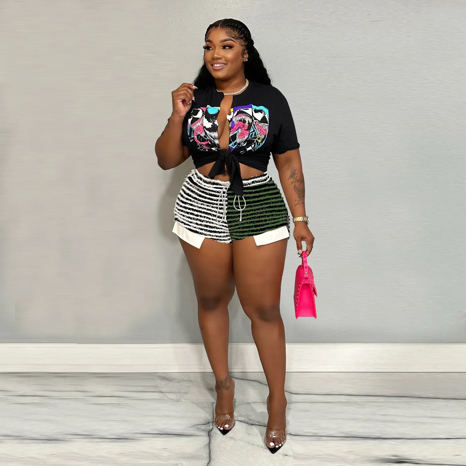 Sexy Color Patchwork Striped Shorts Women Summer Fashion Casual Short Pants Matching Y2k Clothes Club Outfits Female Streetwear