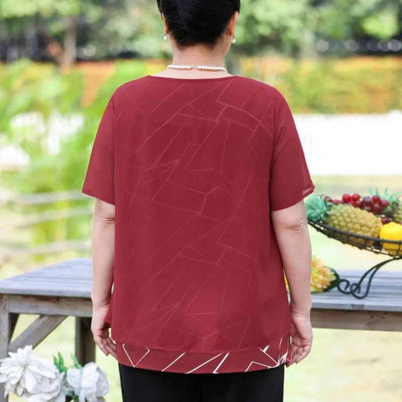 Женская шифоновая рубашка с коротким рукавом и круглым вырезом свободного