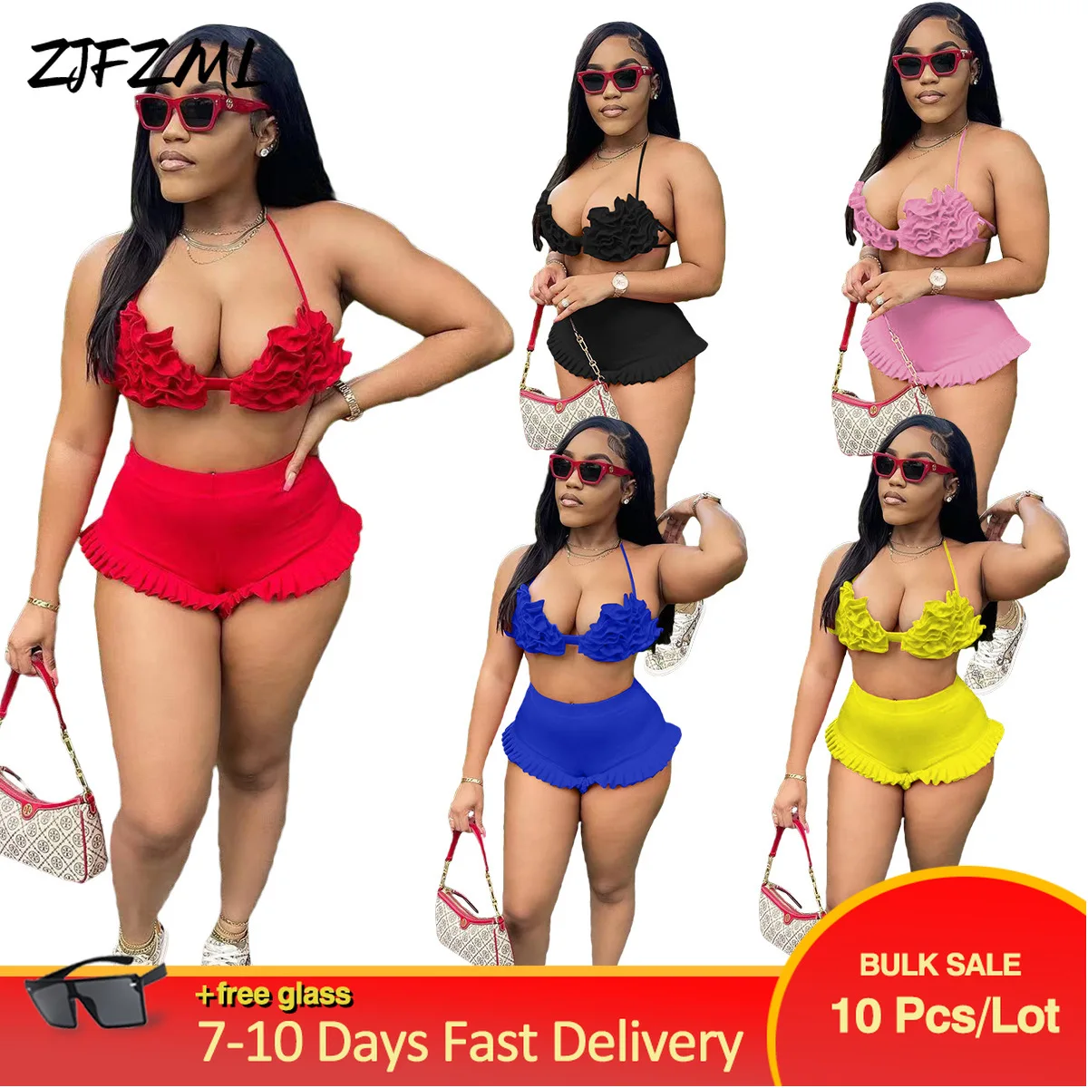 

Крупные товары, оптовая продажа, лот, гофрированные шорты с завязками на талии + однотонный бандажный кроп-топ с открытой спиной, женский куп...