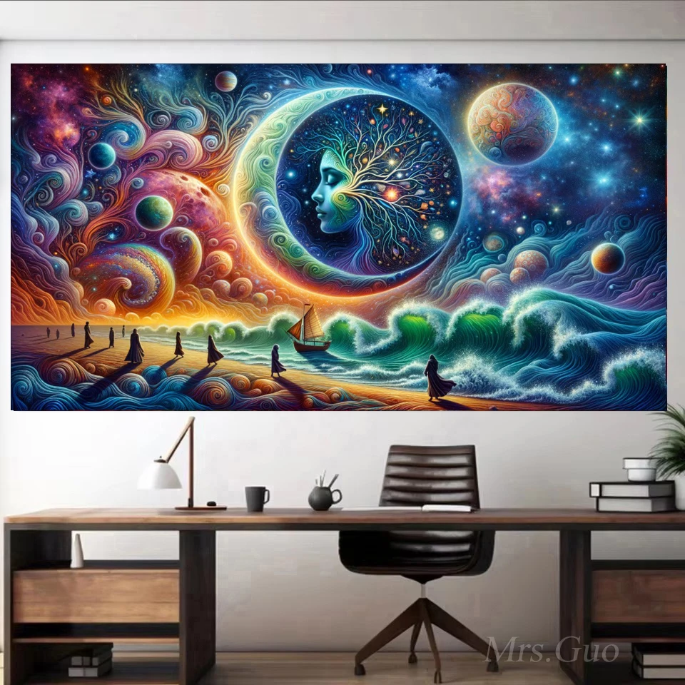 Красочное Дерево жизни женское лицо луна волна сурреалистичный пейзаж сделай
