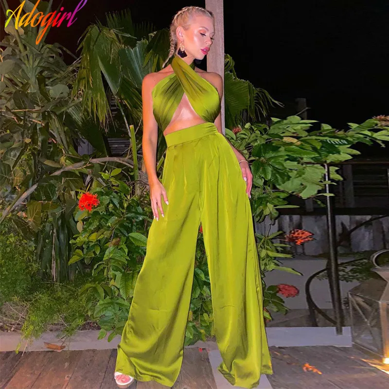 

Adogirl Vintage Halter Two Piece Set Streetwear Crop Top High Waist Wide Leg Pants Sexy Female Outfits 2022 Satin Night Party