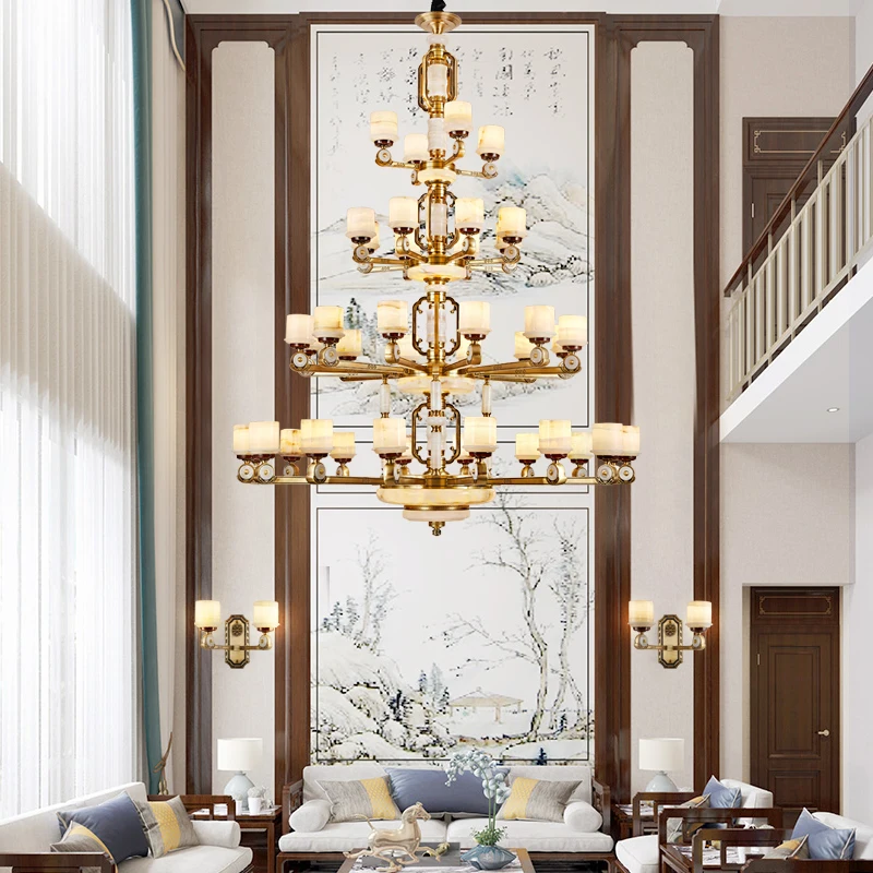 

New Chinese Style All Copper Jade Chandelier Living Room Lamp Atmospheric Luxury Duplex Villa Natural Marble Chinese Wind Lamps