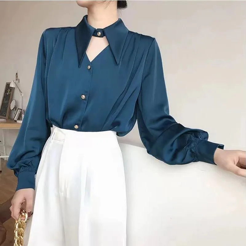 

Ladies Simplicity Buttons Solid Color Polo-Neck Long Sleeve Women Clotheing Autumn Elegant Hollow Out Chiffon Blouse Tops