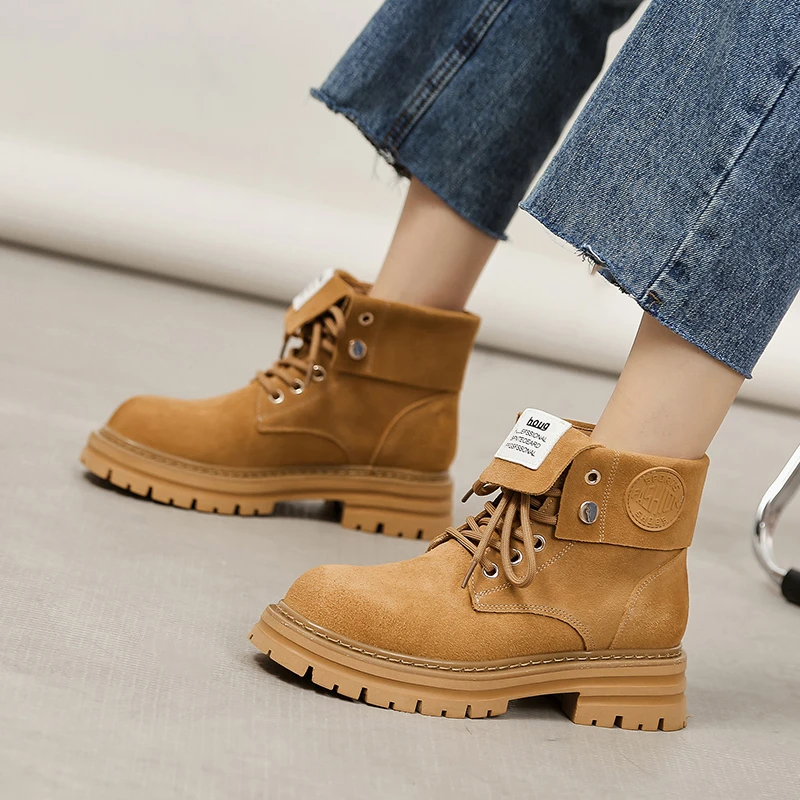 

BKQU Женские ботинки в британском стиле, осень 2022, новая женская обувь, нубук, кожа, плоская подошва, кружева, повседневные универсальные модные короткие ботинки