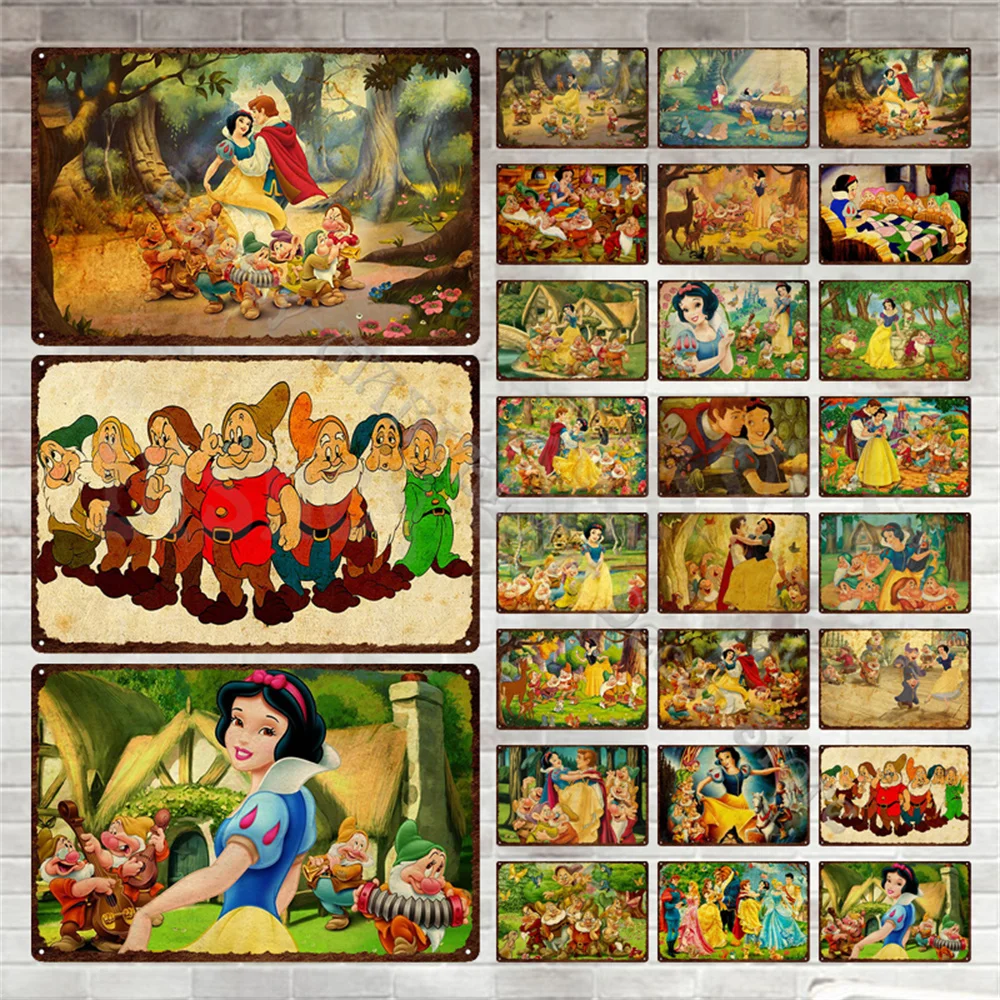 Snow White and The Seven Dwarfs Vintage Metal Sign Disney Cartoon Poster Tin Plate Bar Shop Door Plaque Wall Sticker Decor