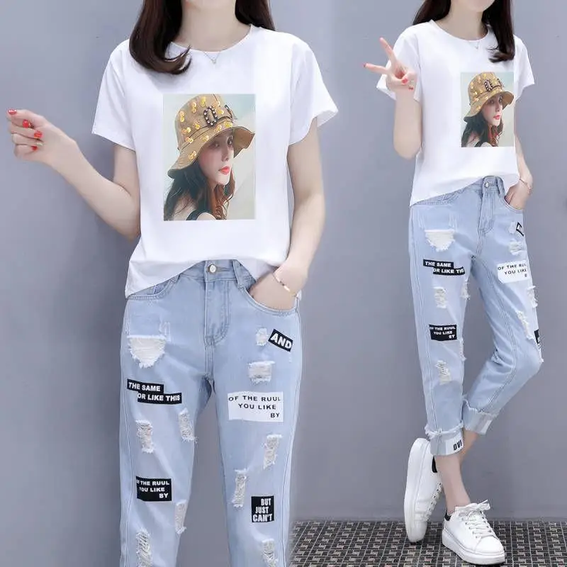 

4XL 2 Piece Sets Womens Outfits Cotton Short Sleeve O-neck Tops + Harem Pants Summer Casual Jeans Two Piece Set E107