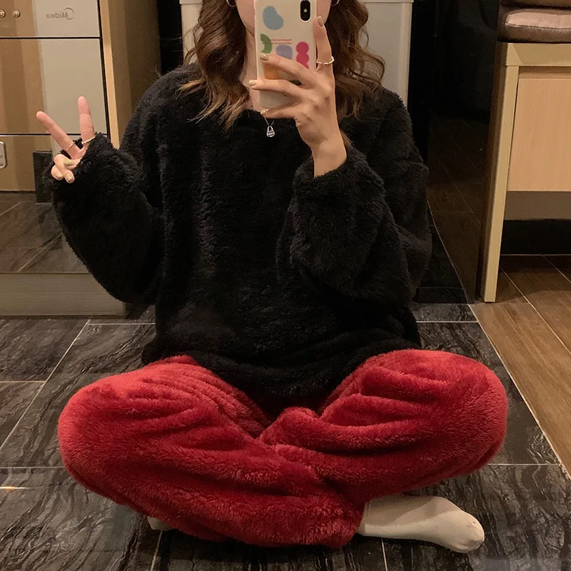Thicken Warm Flannel Pajamas Sets for Women Winter Long Sleeve Coral Velvet Sleepwear Pants Pyjamas Homewear Clothes Drop Ship