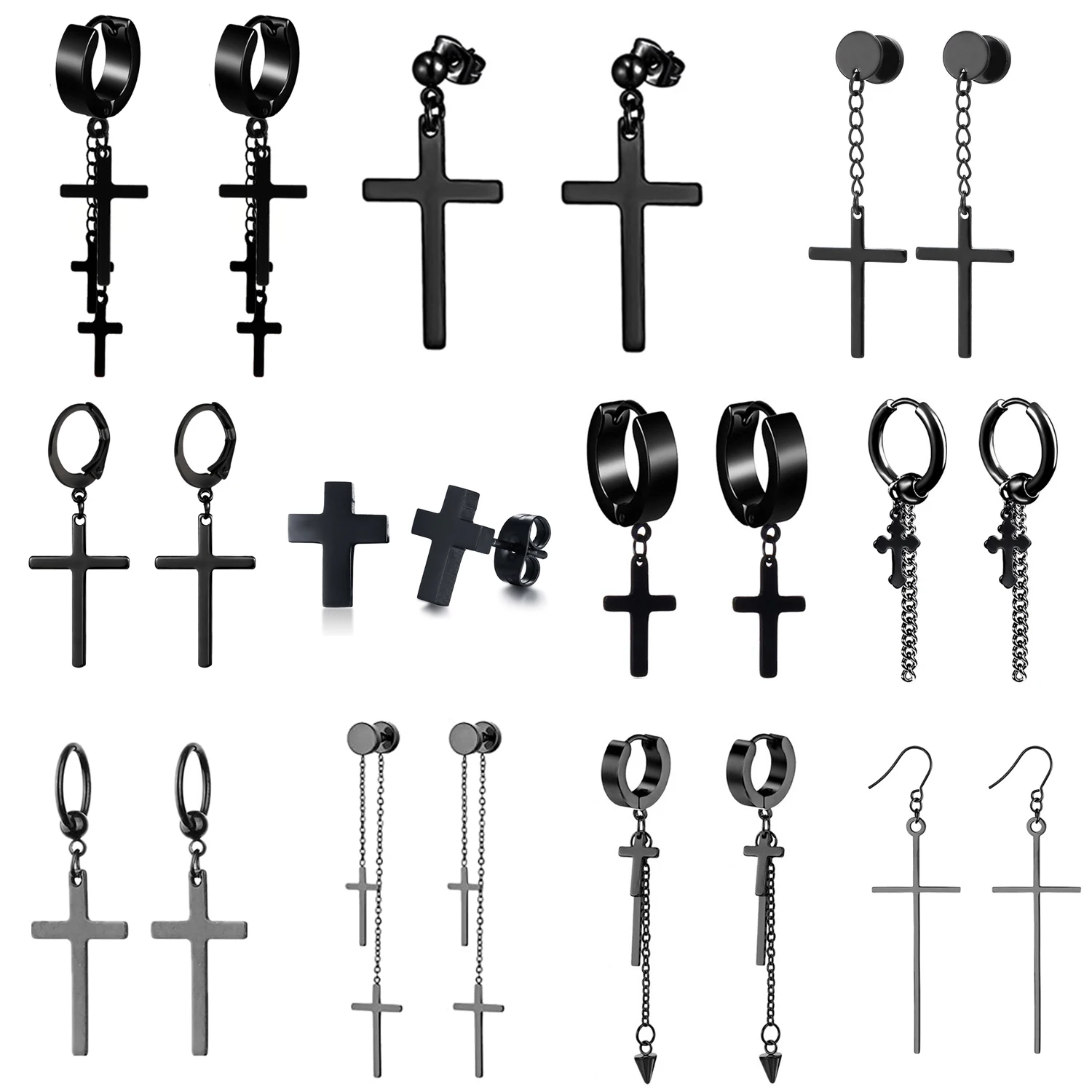 

11 Pairs Black Cross Dangle Earrings Set Stainless Steel Ear Pierced Stud Huggie Hinged Hoop Hook Earring Jewelry for Men Women