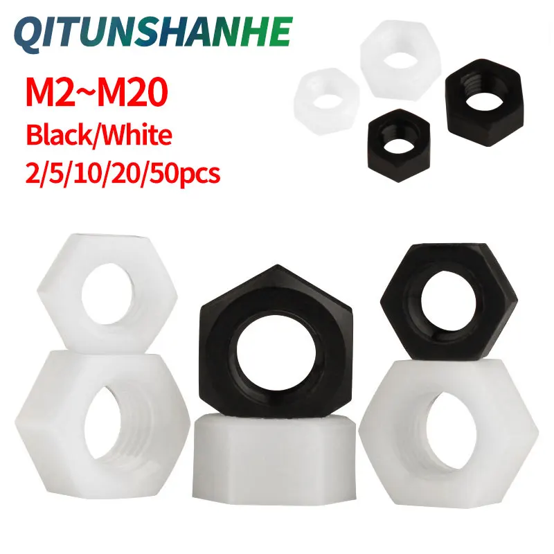 

50/20/10/5Pcs DIN934 M2 M2.5 M3 M4 M5 M6 M8 M10 M12 M14 M16 M18 M20 New Black/White Nylon Hex Nut Hex Plastic Nut
