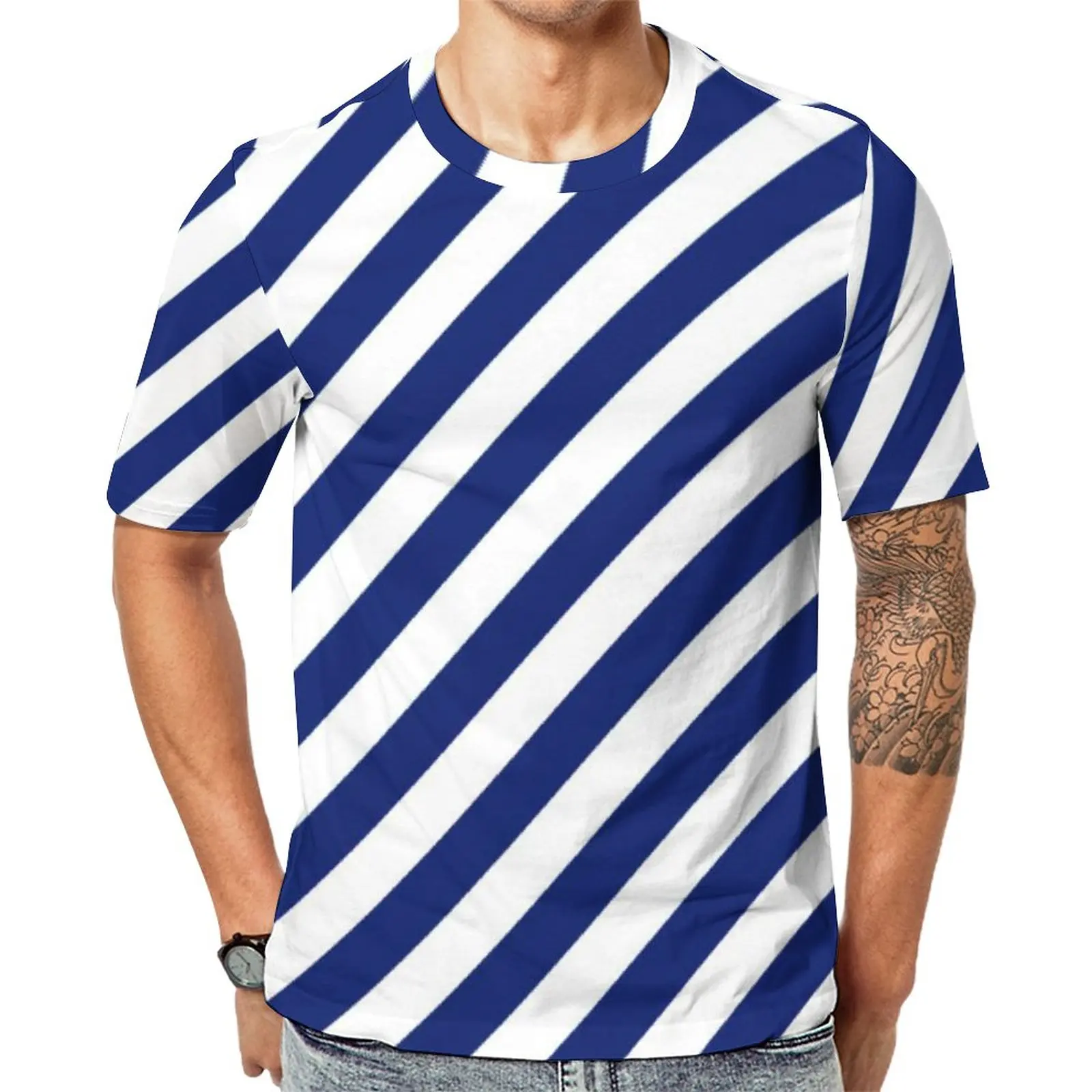 

Navy Blue White Nautical T-Shirt Diagonal Stripes Harajuku T Shirts Male Street Style Tee Shirt Summer Short-Sleeve Graphic Tops