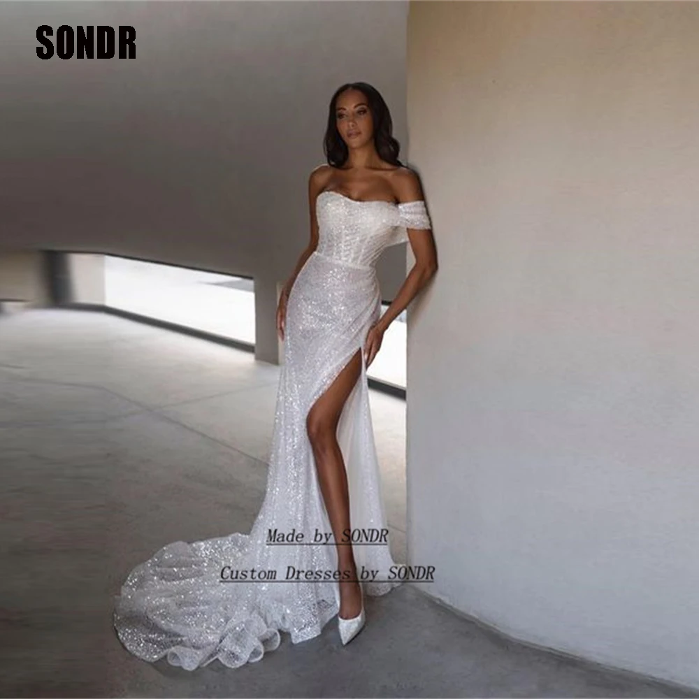 

SONDR Elegant Off Shoulder Long Wedding Prom Dress Sleeveless Sequines Formal Occation Bride Bridal Dresses Growns Arabic 2023