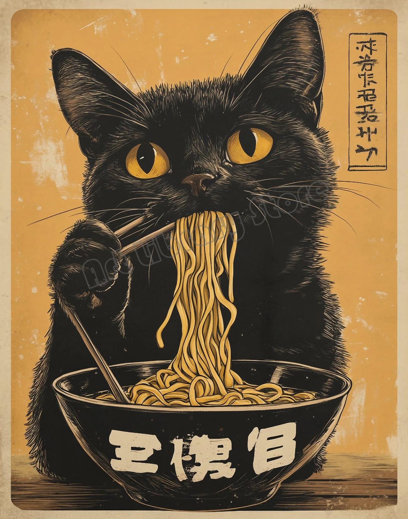 

Настенная картина "Черный кот ест лапшу"