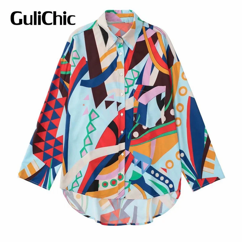 

5.14 GuliChic Fashion Print Single Pocket Decorate Blouse Or Elastic High Waist Long Skirt Loose Casual 2 Piece Set Women