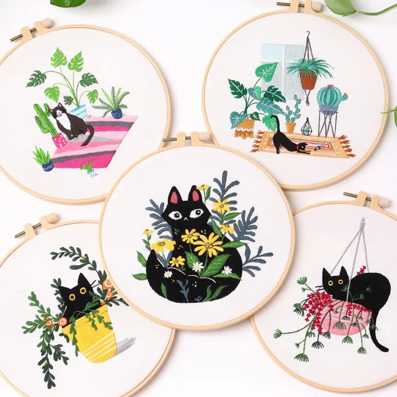 

Flower Black Cat Pattern Embroidery Set Needlework Tools Printed Beginner DIY Embroidery Round Cross Stitch Kit Sewing Craft Kit