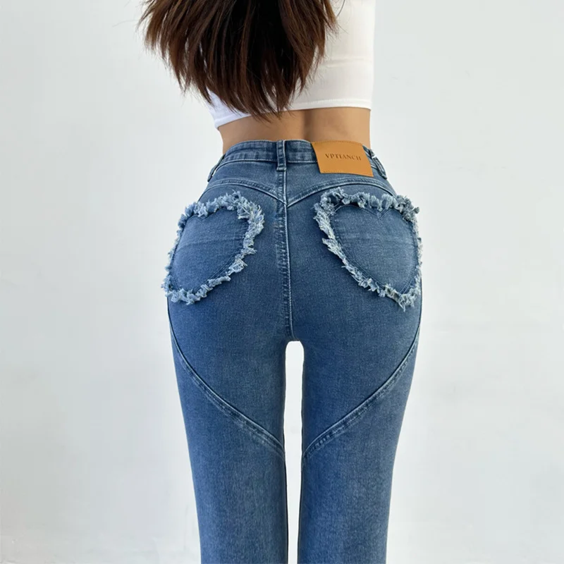 

High TVVOVVIN Spicy Girl Waist Elastic Slim Ragged Heart shaped Pocket Small Foot Jeans Women's Bag Hip Sexy Pencil Pants XPEF