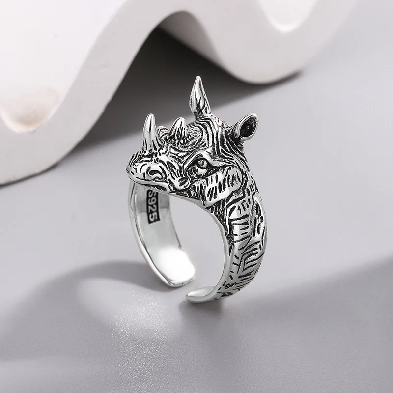 

PANJBJ 925 Sterling Silve Rhinoceros Animal Irregular Ring for Women Girl Gift Hip Hop Adjustable Vintage Jewelry Dropshipping