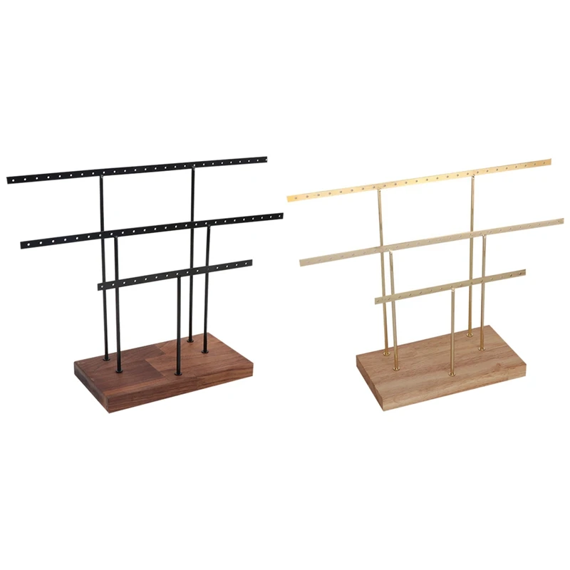 

2 Pcs Hanging Jewelry Display Rack Tree Organizer Metal Rack for Holding Women-Gold+Wood Color & Black + Walnut