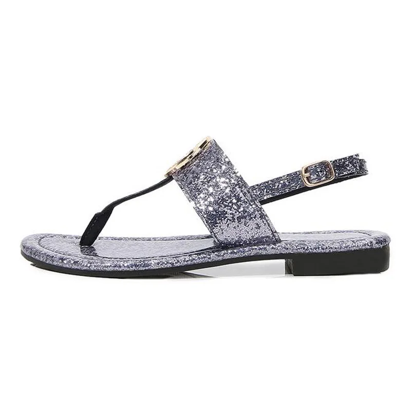 Women's Sequin Bow Fashion Sandals Low Heel Flat Roma Shoes Casual Beach Outdoor Flip Flop Sandals Metal Decoration Ladies Flat