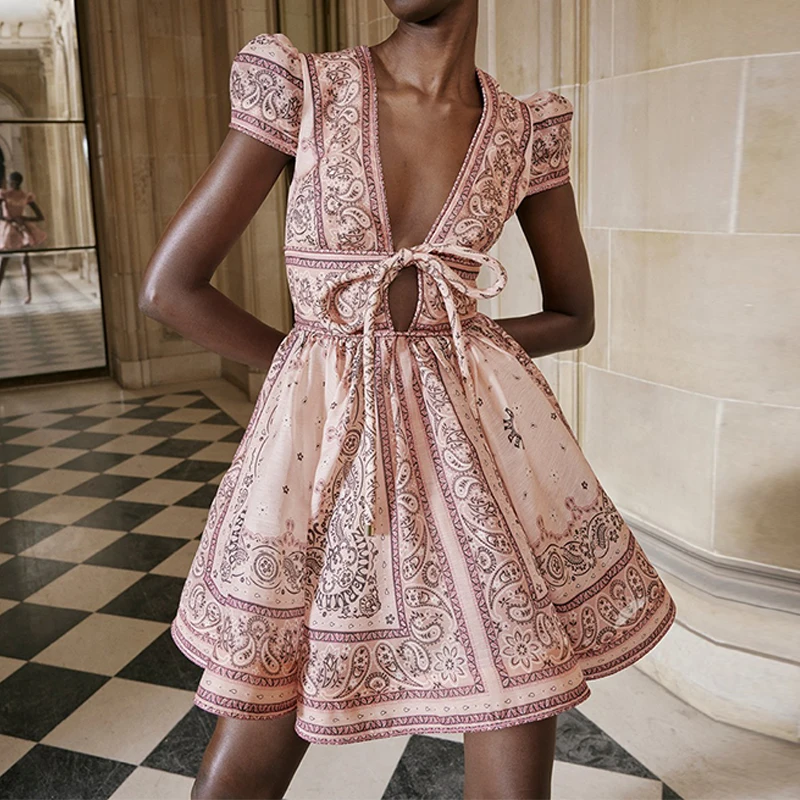 

Vintage Pattern Print Hem Boho Mini Dress Women Sexy Deep V Neck Tie-up Bow Party Dress Spring Summer Puff Sleeve Hollow Dresses