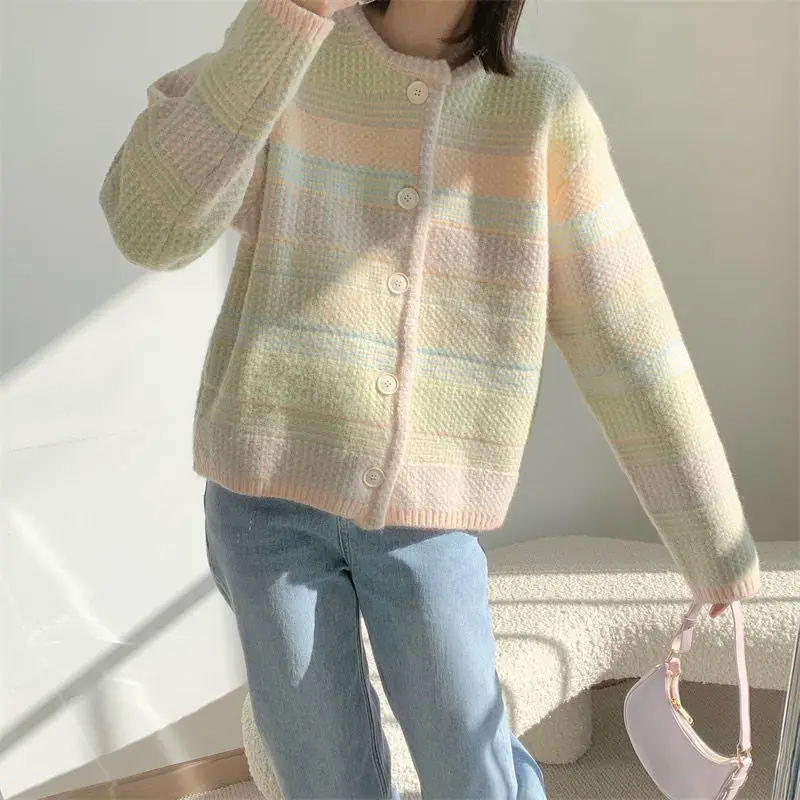 

Свитер в клетку в Корейском стиле, женский свободный трикотажный модный тренировочный костюм в клетку с круглым вырезом, Осенние Топы