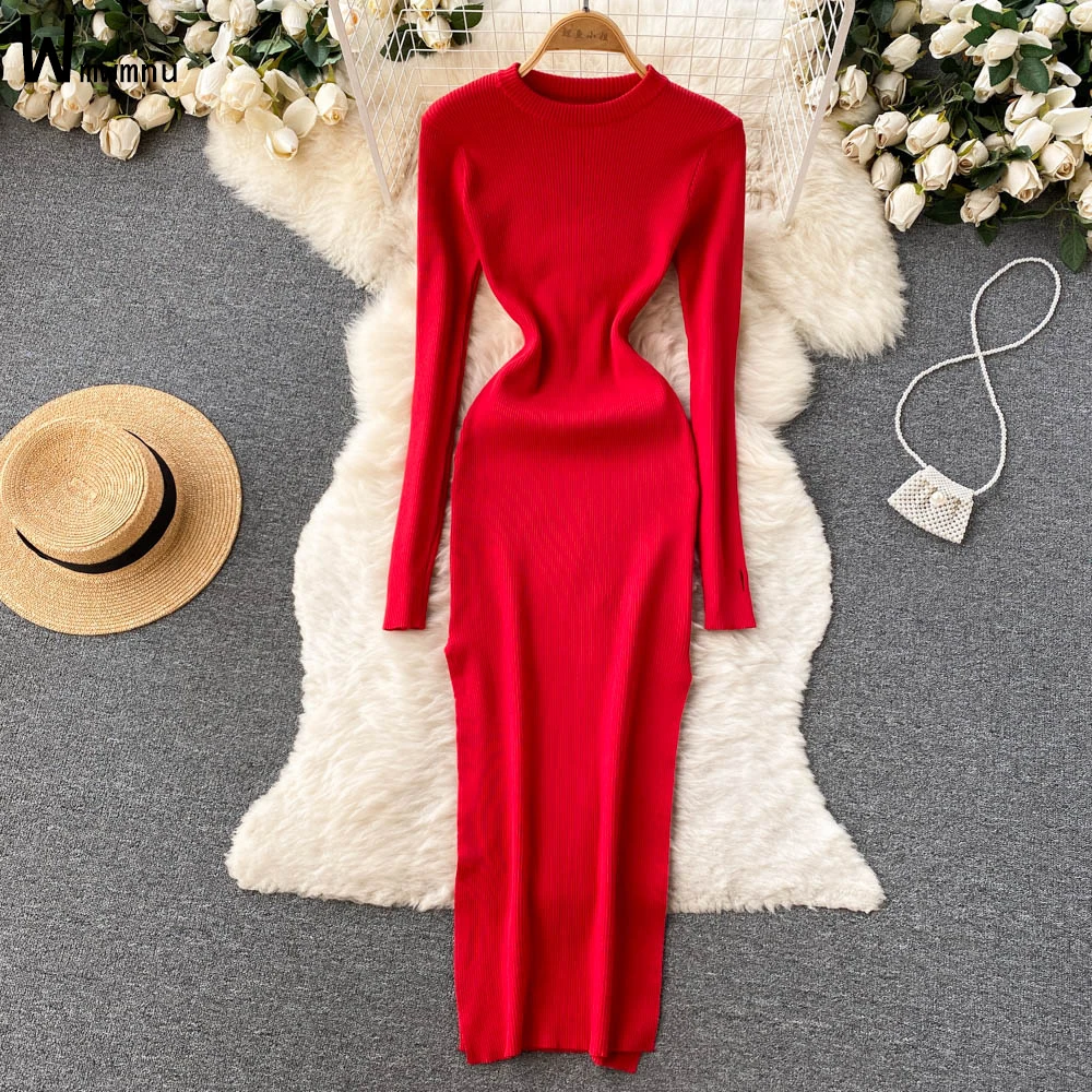 

Элегантное сексуальное трикотажное длинное платье с разрезом, женское модное корейское однотонное базовое платье с круглым вырезом и длин...