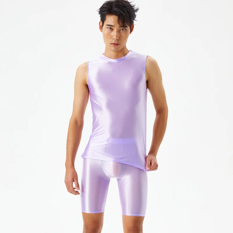 Men's glossy plus size 2 pieces set Sexy silky transparent suit shorts +vest body-building underwear underpants