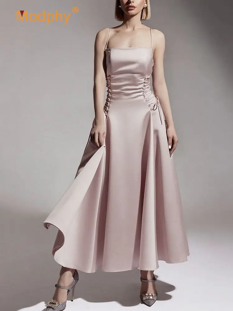 

Sexy Side Tie Corset Design Reflective Satin Dresses For Women's Sleeveless Sling Slim Midi Dress Celebrity Party Female Vestido
