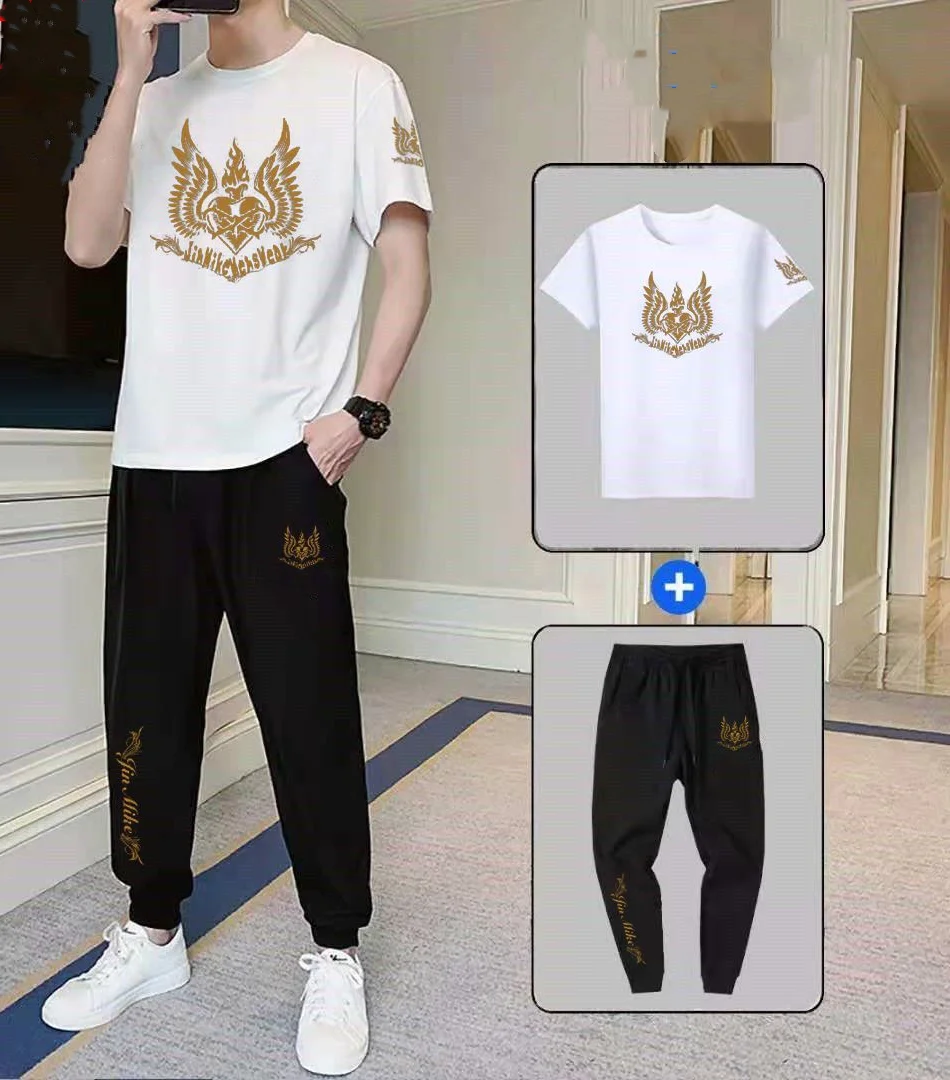 Summer Men's Suit Casual Cotton Short-Sleeved Trousers Two-Piece Youth Fashion Printed Sportswear Men's Trend