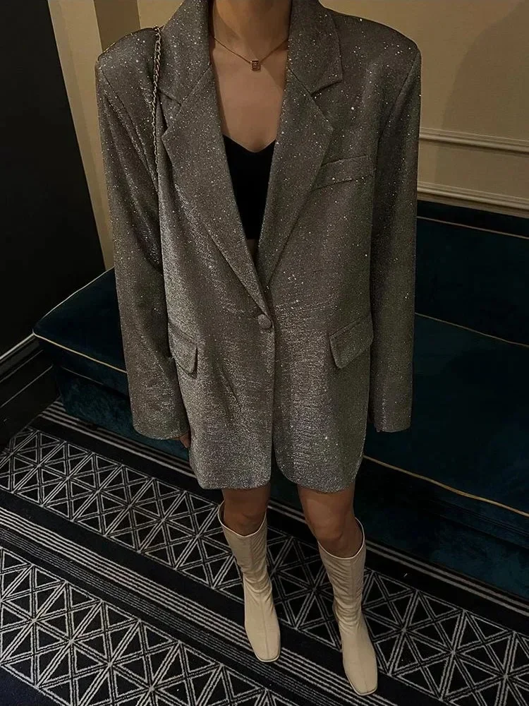 Блестящий костюм с лацканами и блестками верхняя одежда для женщин роскошное