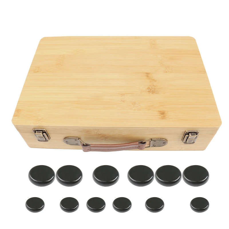 

Spa Hot massage stone of 12pcs massage stone with bamboo box heater Hot selling black basalt hand made black polished Massage