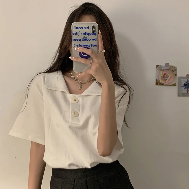 

2023 summer new polo shirt sleeved t-shirt short women loose versatile pullover square neck white black high-quality top