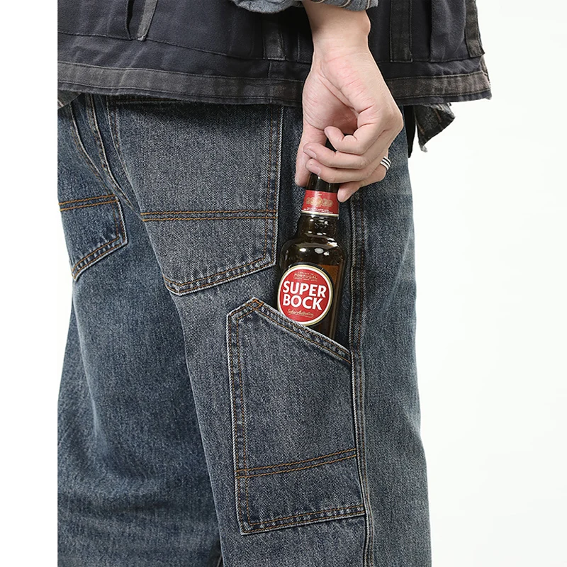 Fashion Streetwear Men Jeans Retro Blue Loose Fit Multi Pockets Casual Denim Cargo Pants Hombre Hip Hop Jeans Men Wide Leg Pants