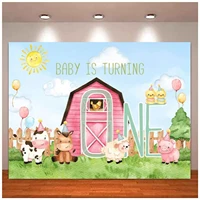Baby Is Turning One Photography Backdrop For Kids Birthday Party Decor Pink Barn Farm Animal Background Cartoon Farm Animals