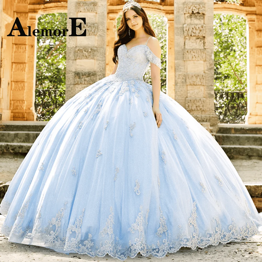 

Alemore Elegant Ball Gown Quinceanera Dresses Spaghetti Straps Sweetheart Appliques Lace Up Made To Order Vestido De 15 Anos