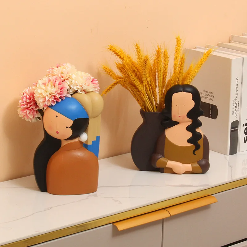 

Nordic Style Art Resin Vase Ornaments Pearl Girl Living Room TV Cabinet Desktop Flower Arrangement Container Dried Flower Vases