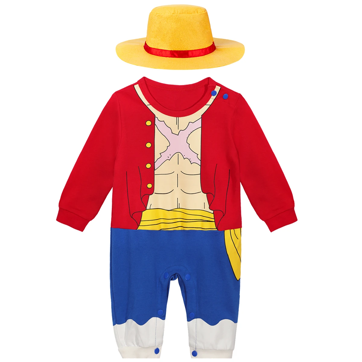 Pelele de una pieza para bebé, disfraz de Luffy para Fiesta infantil de Halloween, mono largo de algodón con sombrero, ropa de invierno
