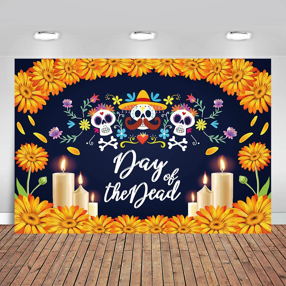 

Day of The Dead Backdrop Mexican Sugar Skull Flower Photo Backdrop Fabric Dia De Los Muertos Party Cake Table Banner