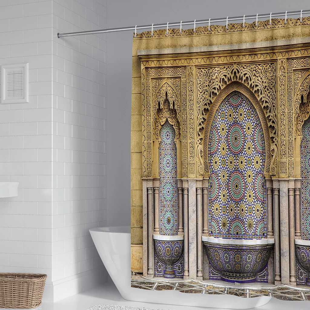 

Retro Style Palace 3D Shower Curtain Waterproof Polyester Curtains for Bathroom with 12 Plastic Hooks Bathtub Curtain Home Decor
