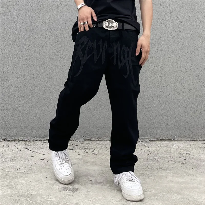 Black Jeans Men'S High Street American Vintage Embroidered Letters High Waist Straight Hip Hop Loose Jeans