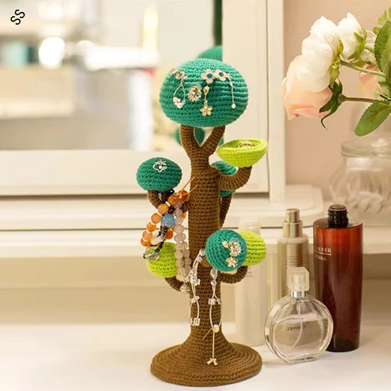 New Fashion DIY Finished Pure Handmade Cotton Knitted Tree Design Jewelry Storage Shown Display for Women