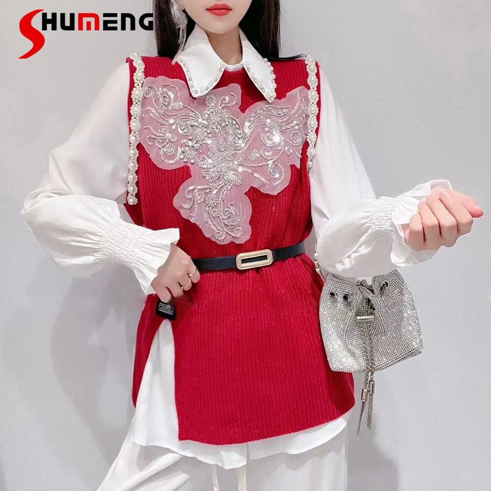 Women's 2023 Spring New Korean Style Sweet Simple Beads White Shirt Ladies Fashion Trendy Elegant Knitted Vest Two-piece Sets
