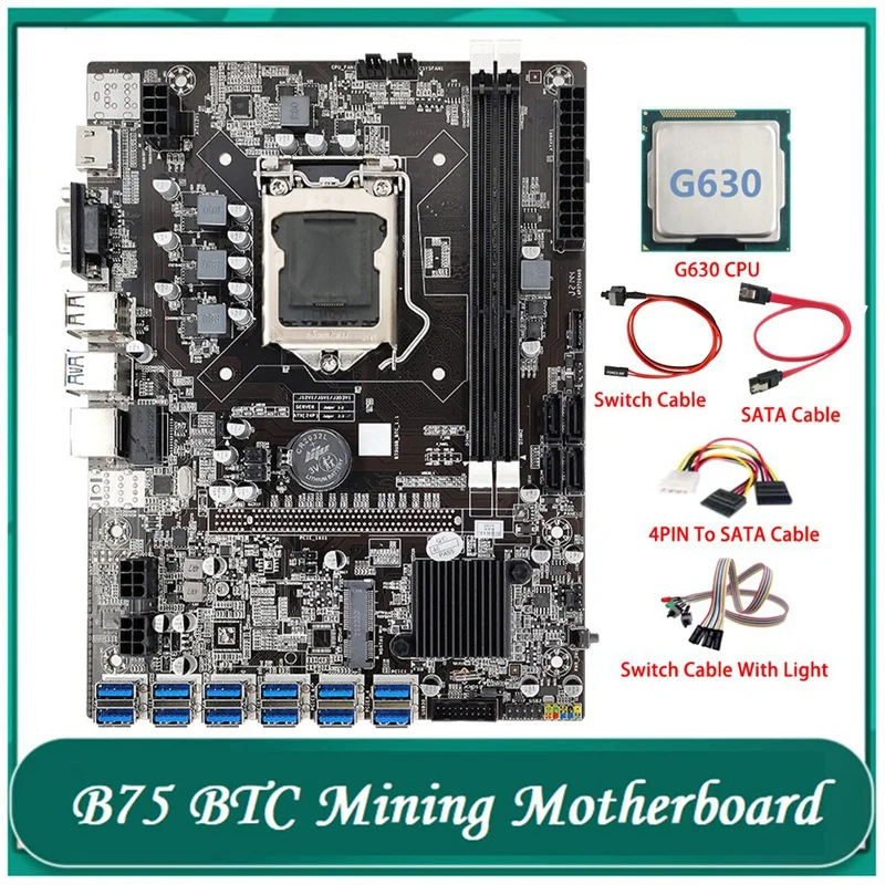 

B75 ETH Mining Motherboard 12 PCIE To USB LGA1155 With G630 CPU+SATA Cable+4PIN To SATA Cable Support DDR3 B75 USB BTC