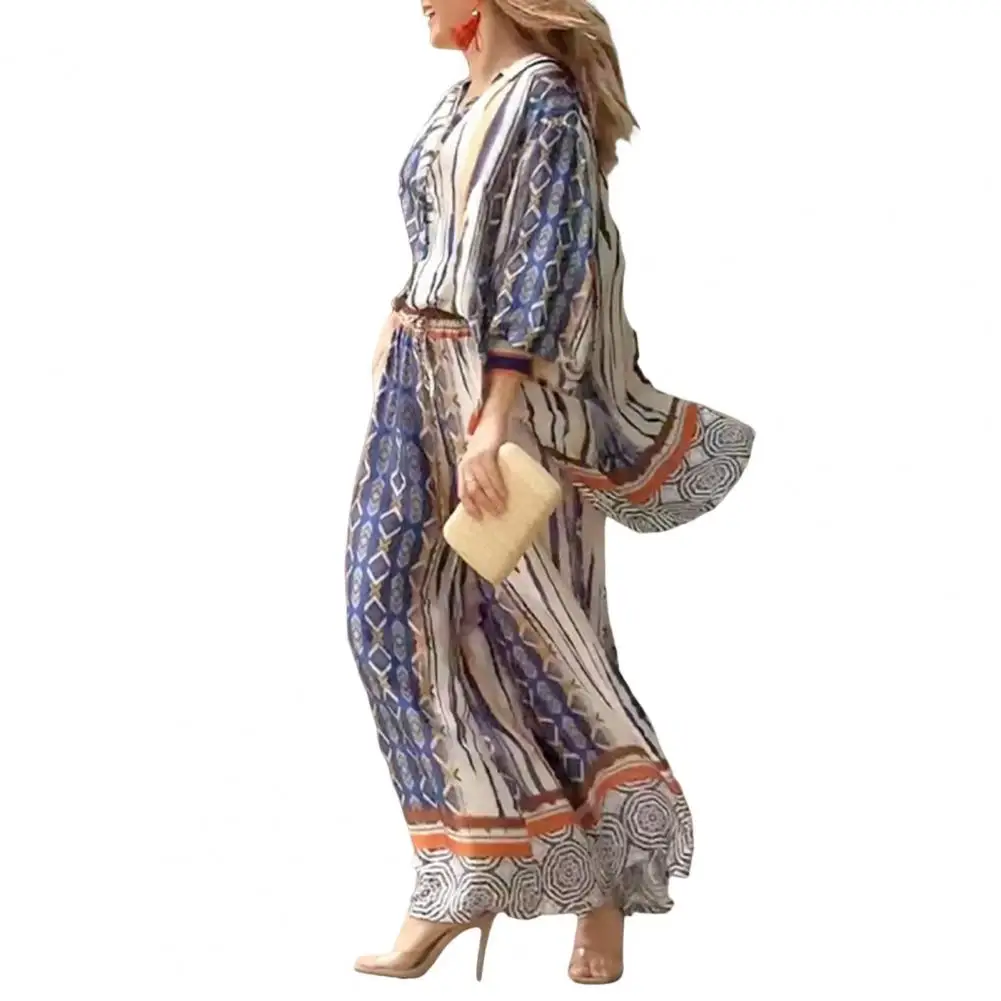 Женский свободный комплект в богемном стиле пляжный с рубашкой длинным рукавом и