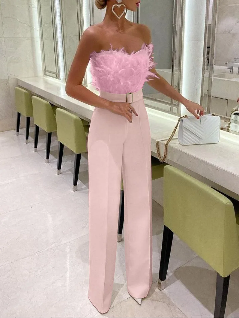 

Chic and Elegant Women Overall Jumpsuit Monkeys Summer 2023 Plush Feather Patchwork Belted Bodysuit Formal Party Evening Female