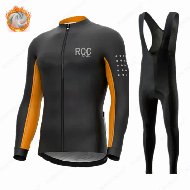 

New Black RCC 2022 Winter Cycling Jersey Set Fleece Mens Cycling Clothing Long Sleeve MTB Bike Road Pants Bib Maillot Culotte