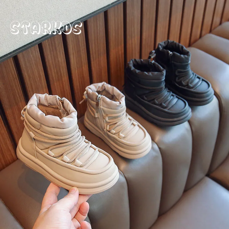 Waterproof Snow Boots Boys Winter Brand Shoes Child Warm Plush Platform Short Bootins Girls Sporty Lace-up High Top Sneakers