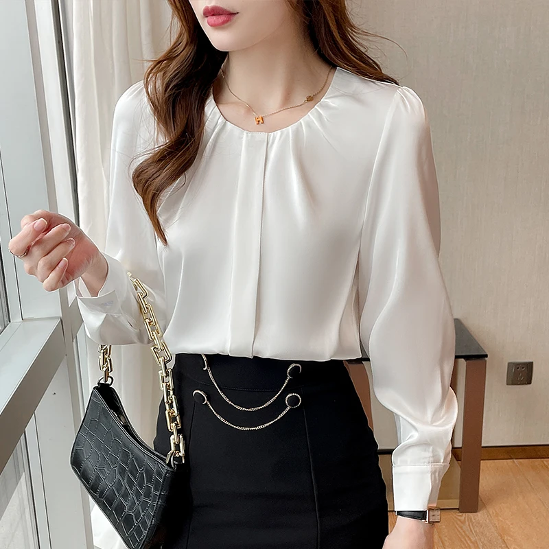 

Autumn Women's Long Sleeve Round Neck Vintage Lantern Sleeve Solid Pleated Commuter Versatile Chiffon Shirt Blouse Tops A333